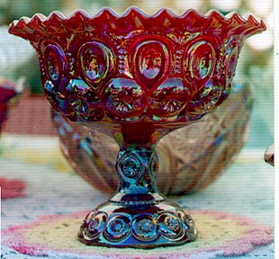 RED CARNIVAL GLASS COMPOTE "MOON AND STARS PATTERN"